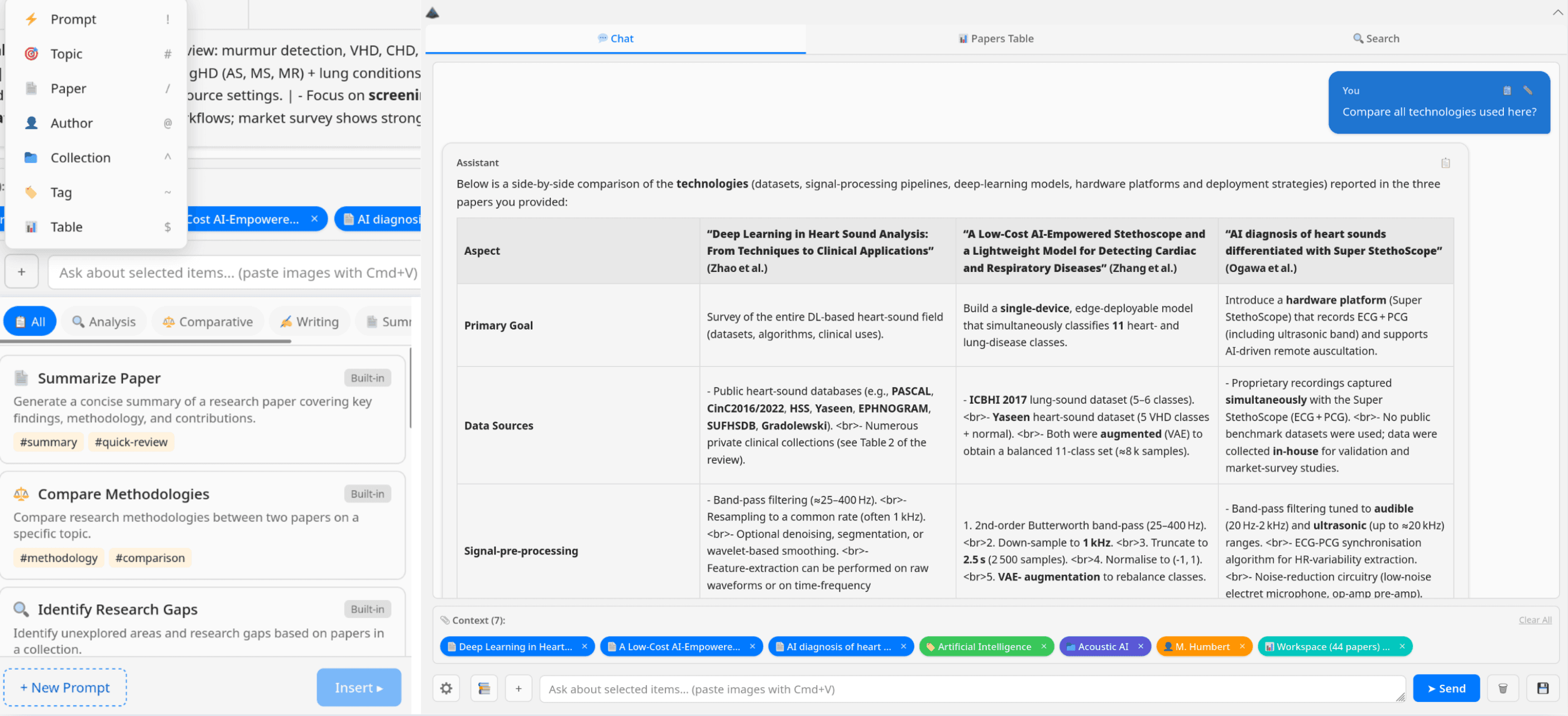 SeerAI workspace showing a comparison across selected papers with the active source set visible